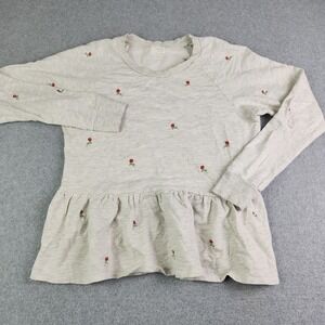 T.La Anthropologie Sweatshirt Womens‎ Medium Oatmeal Rose Embroidered Peplum Hem